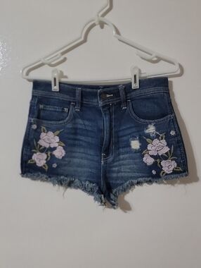 Hollister Blue Denim Shorts with Light Pink Floral Embroidery